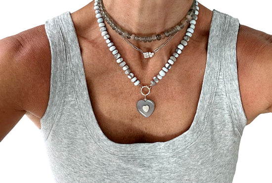 Load image into Gallery viewer, Grey Moonstone Diamond Heart Charm
