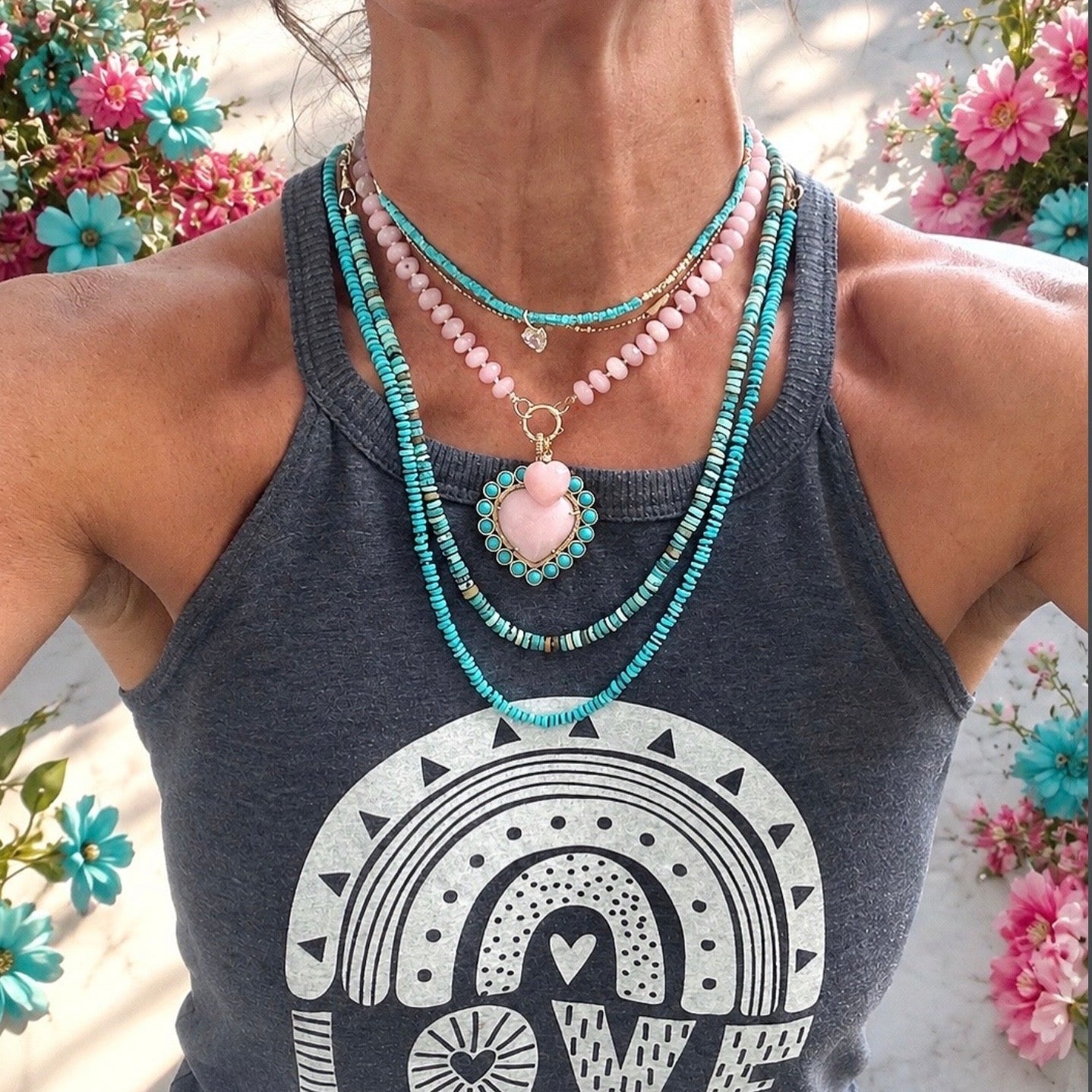 Pink Opal & Turquoise Heart Pendant