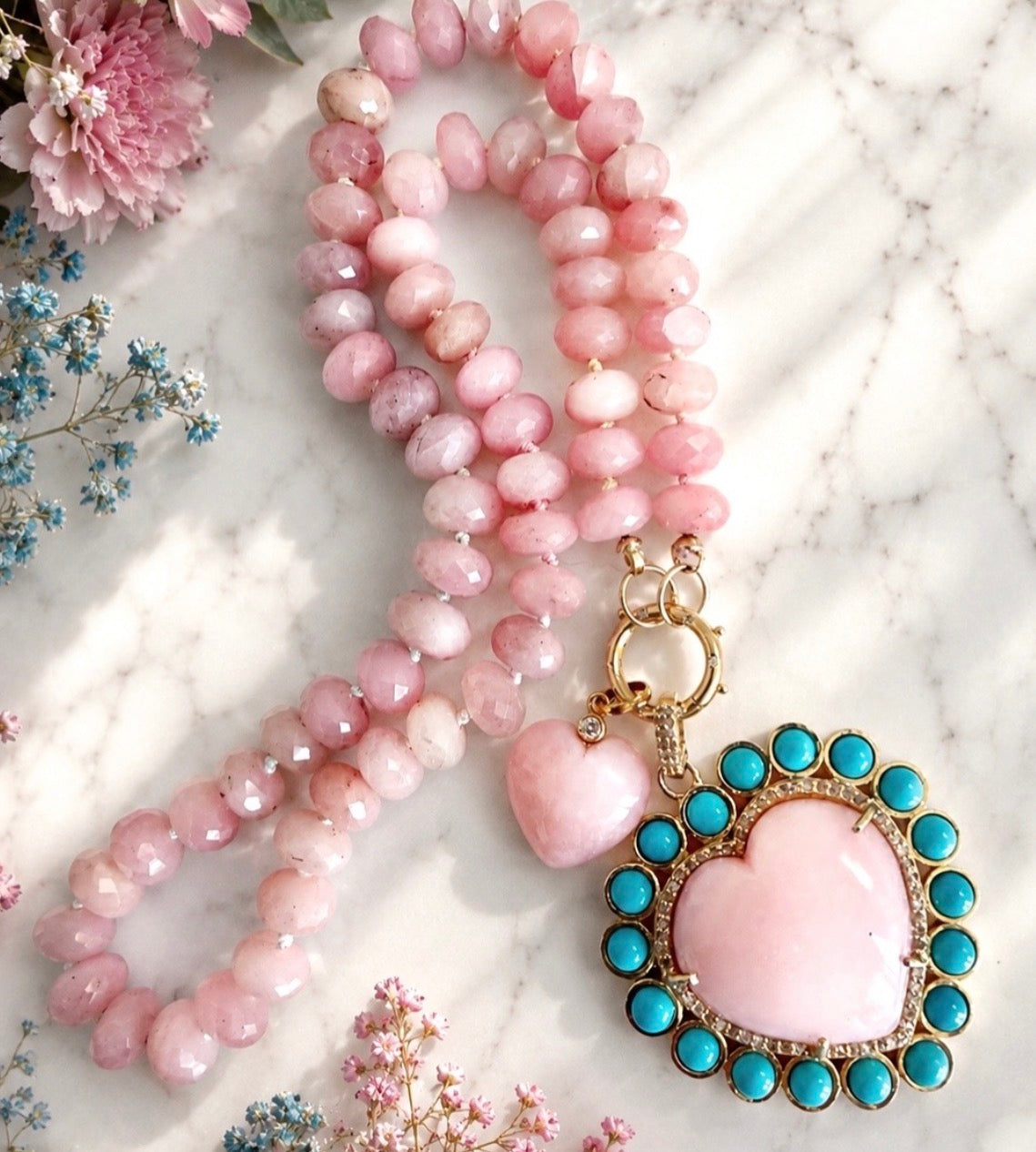 Pink Opal & Turquoise Heart Pendant
