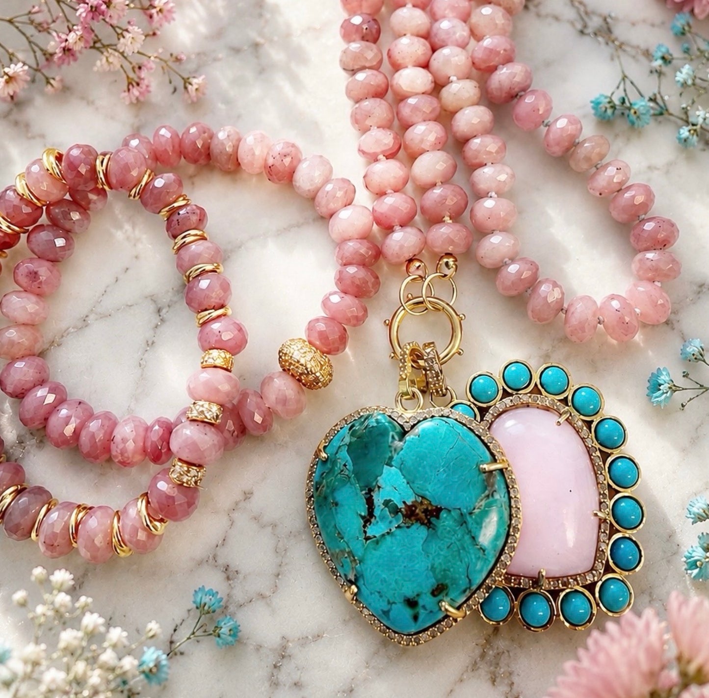 Pink Opal & Turquoise Heart Pendant