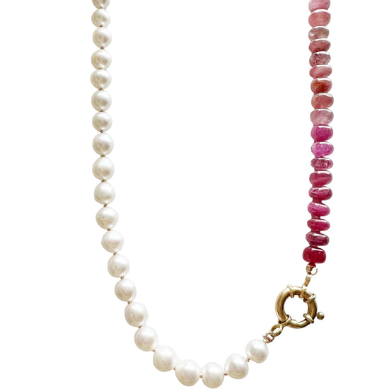 Ombré Pink Sapphire and Pearl Gemstone Necklace