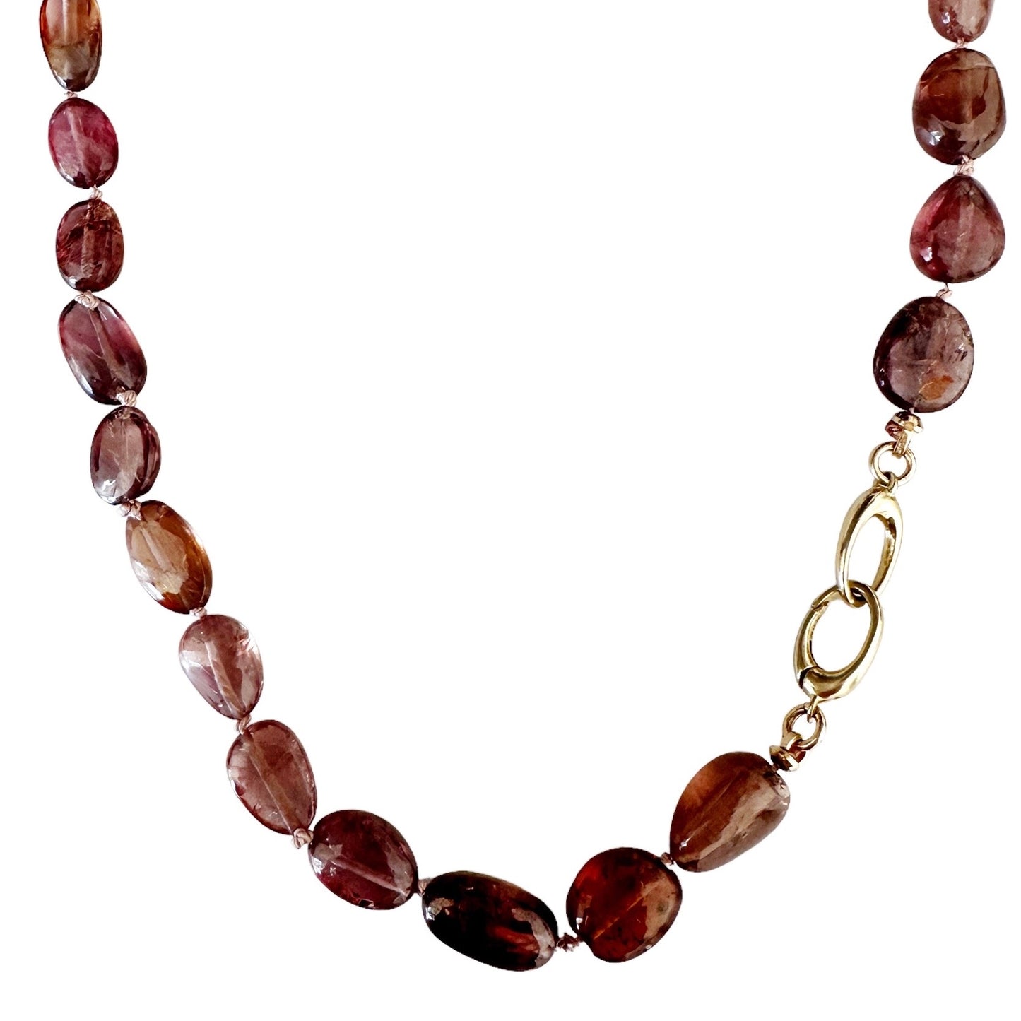 17” Gorgeous and rare Andesine Garnet hand knotted oval gemstone necklace with 14K gold double clasp   Available with clasp options   Wear alone or mix with your favorite neck stack    